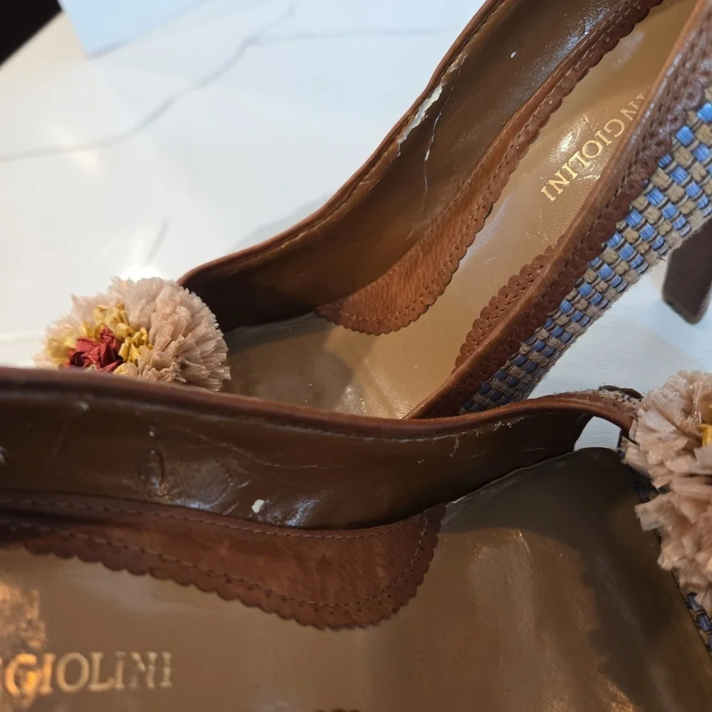 Enzo Angiolini Floral Weave Leather Peep Toe Fairycore Boho Heels Brown Blue 8.5
